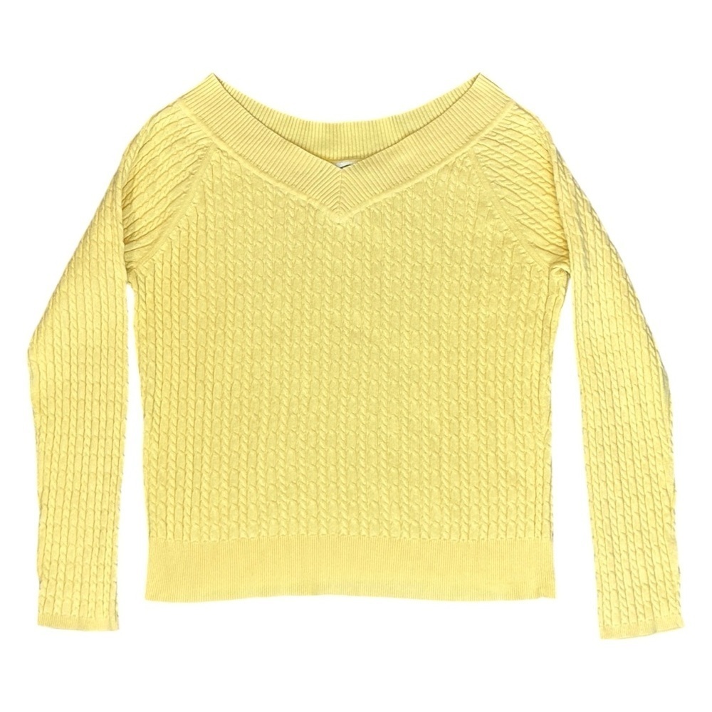Vintage 90s Talbots 100% Cotton V-Neck Cable Knit Sweater Yellow Women’s Medium